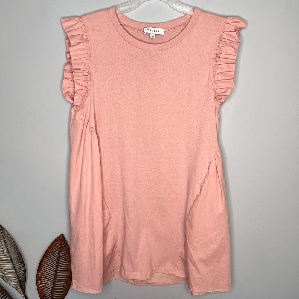 Moodieβ Peach Ruffle Sleeve Mini Side Pocket Dress